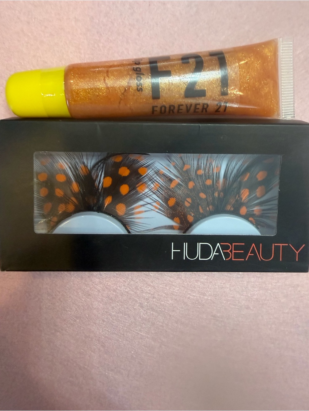 Huda Beauty Orange Feather Lashes & F21 Lip Gloss